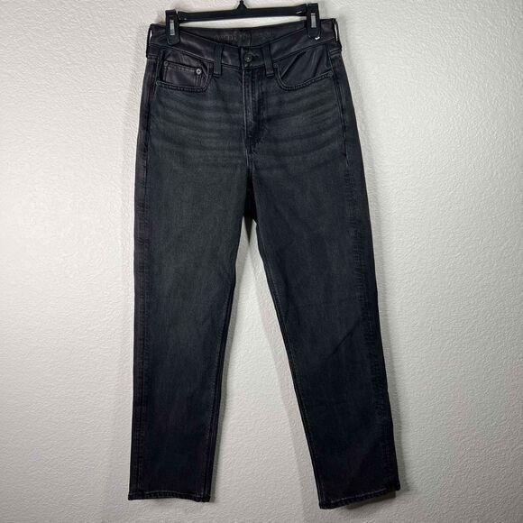 American Eagle Black Denim Leather High Rise Ankle Straight Jeans Womens Size 6L - Picture 1 of 11